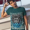 a-man-leaning-on-a-panga-boat-wearing-petrol-blue-lion-face-t-shirt