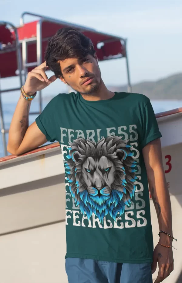 a-man-leaning-on-a-panga-boat-wearing-petrol-blue-lion-face-t-shirt