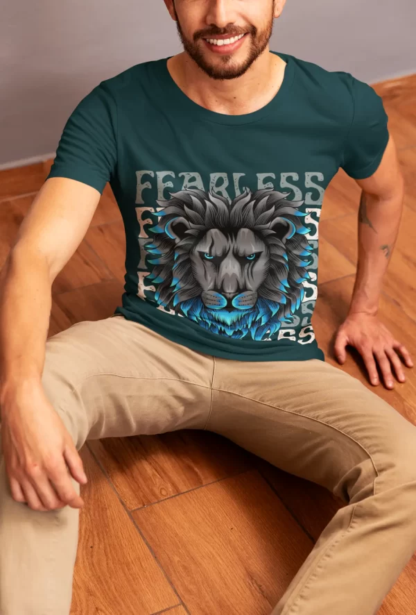 man-sitting-on-a-wooden-floor-wear-lion-face-round-neck-petrol-blue-color-tshirt