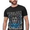 man-standing-wear-lion-face-fearless-text-printed-round-neck-black-t-shirt