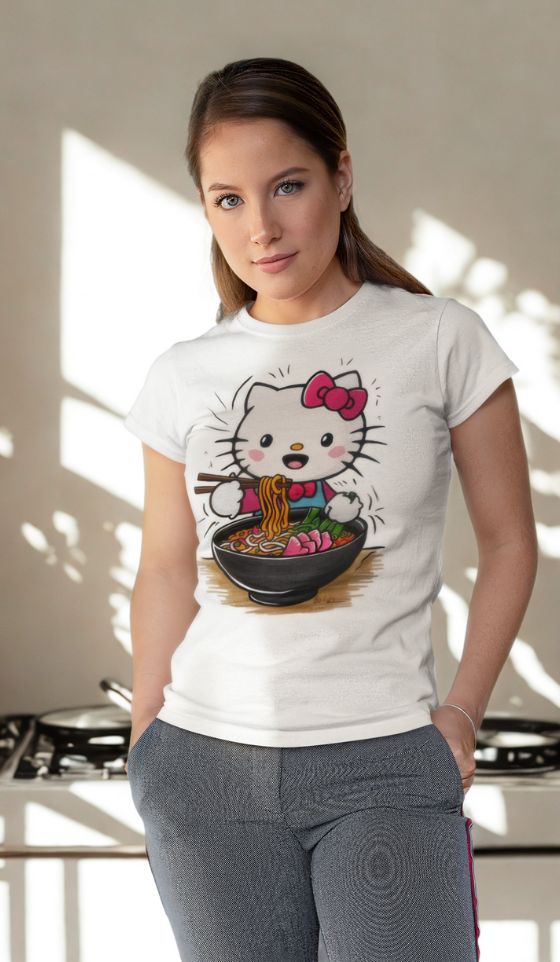 Woman wearing a white t-shirt with a cute Hello Kitty eating ramen print
