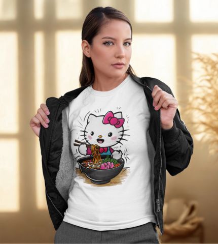 Woman wearing a white t-shirt with a cute Hello Kitty eating ramen print