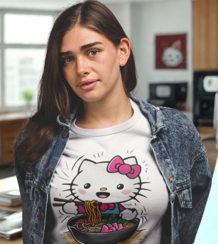 Woman wearing a white t-shirt with a cute Hello Kitty eating ramen print