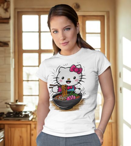 Woman wearing a white t-shirt with a cute Hello Kitty eating ramen print