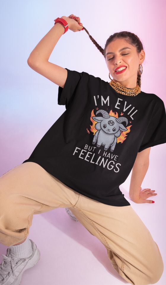 I'm Evil But I Have Feelings – Female Oversized Black T-shirt