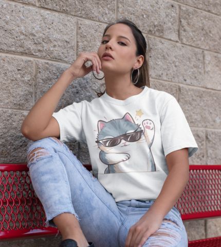 Woman wearing a White Cattitude T-Shirt with a cool cat graphic and sunglasses