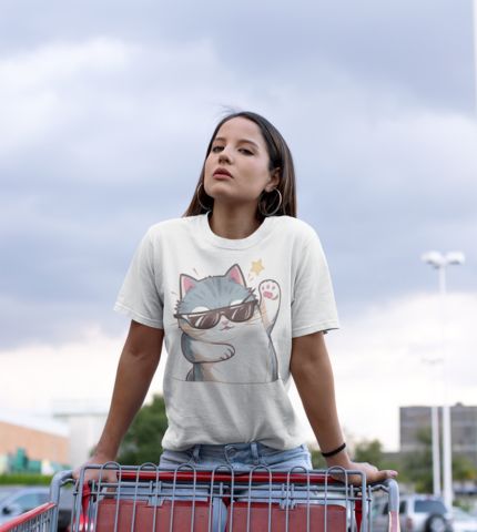 Woman wearing a White Cattitude T-Shirt with a cool cat graphic and sunglasses