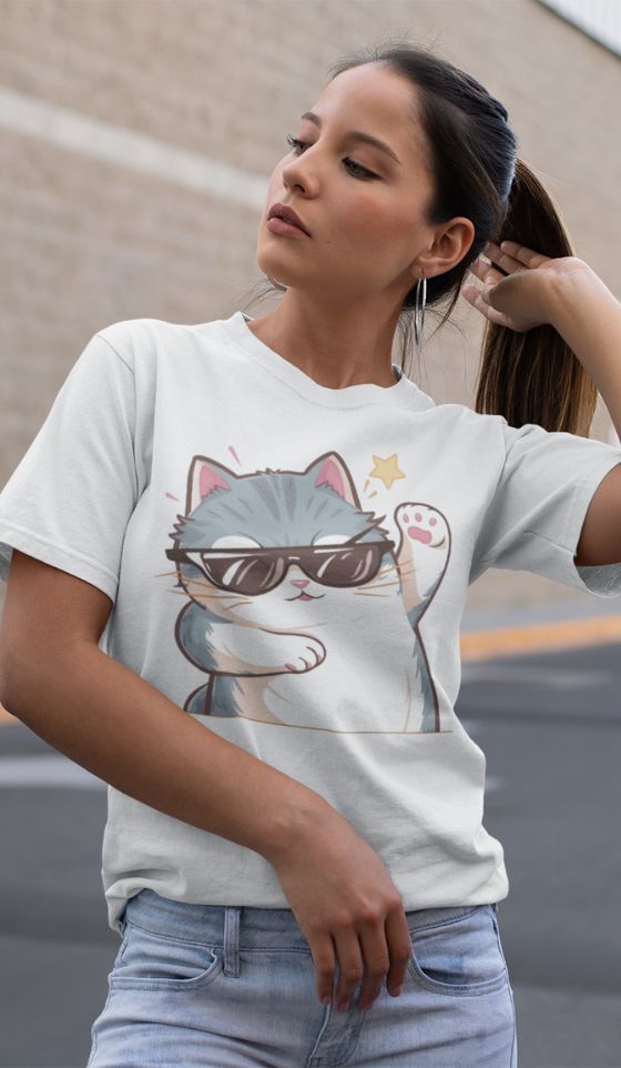 Woman wearing a White Cattitude T-Shirt with a cool cat graphic and sunglasses