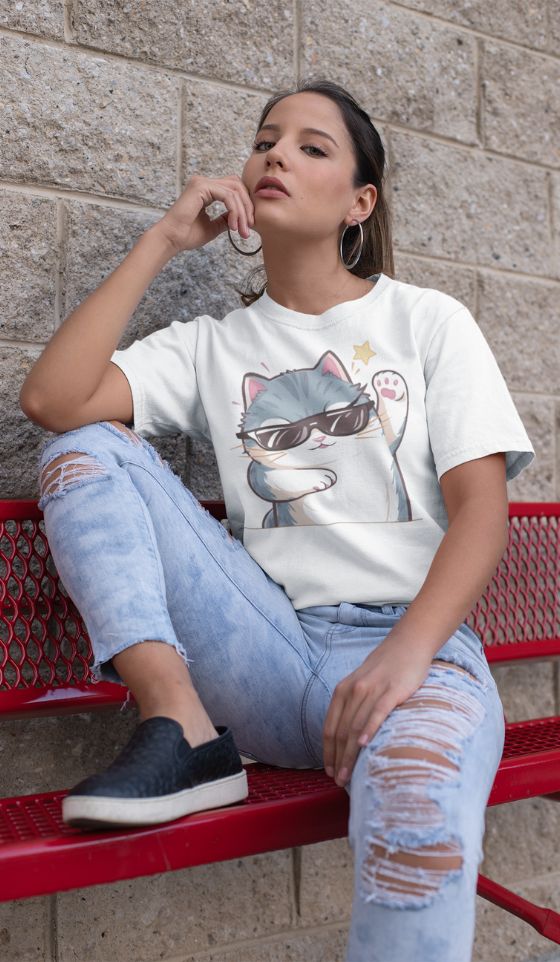 oman wearing a White Cattitude T-Shirt with a cool cat graphic and sunglasses