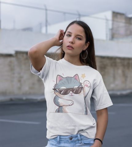 Woman wearing a White Cattitude T-Shirt with a cool cat graphic and sunglasses