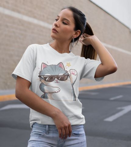 Woman wearing a White Cattitude T-Shirt with a cool cat graphic and sunglasses